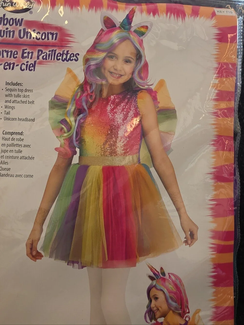 NIP Fun World Girls Size L(12-14) Rainbow Sequin Unicorn Halloween Costume